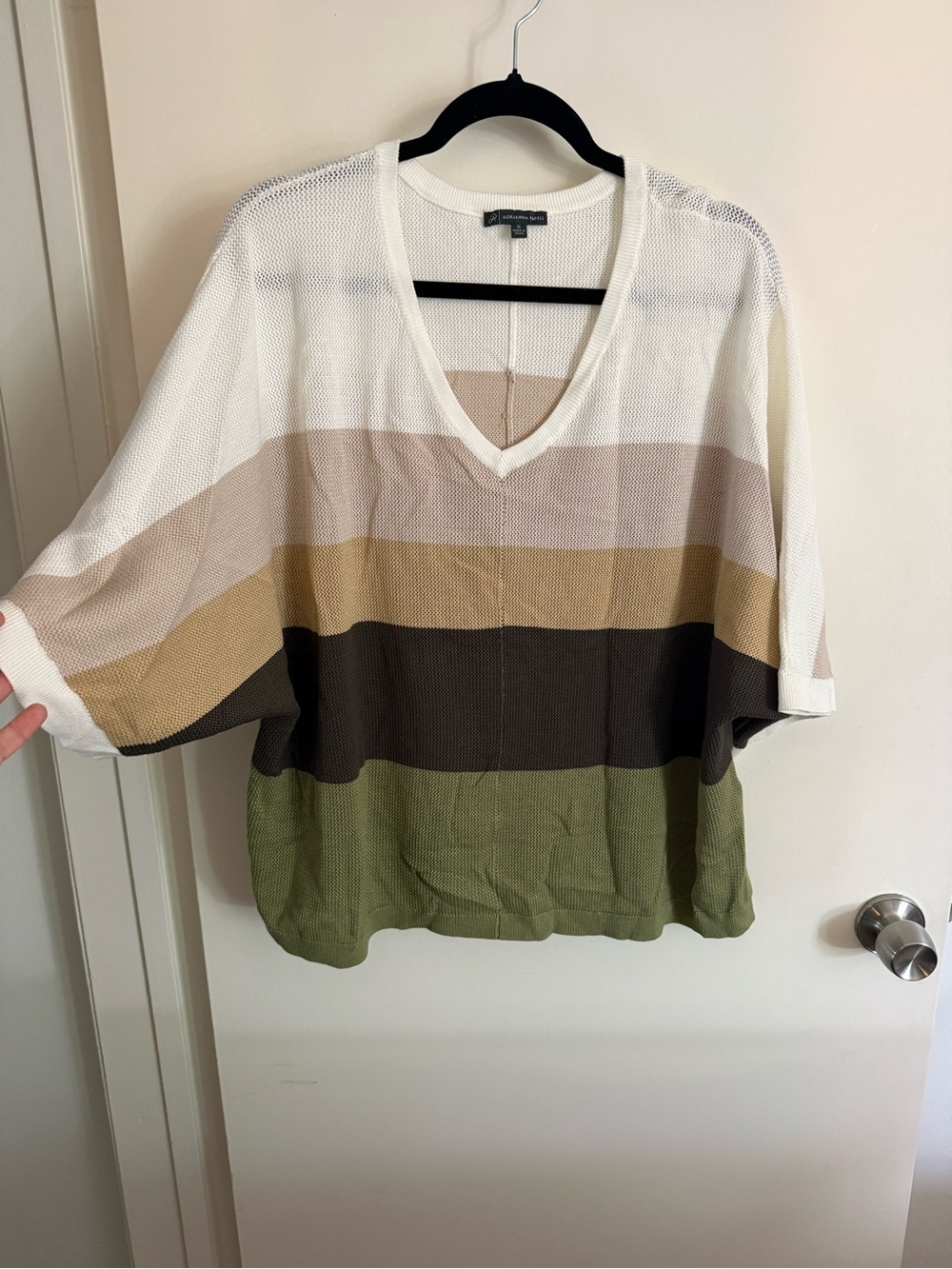 Adrianna Papell Striped V-Neck Knit Top in White, Tan, Gold, Brown, Green